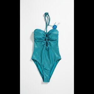 NWT Cupshe Metallic Teal One-Piece Swimsuit Size Medium | Keyhole Cutout